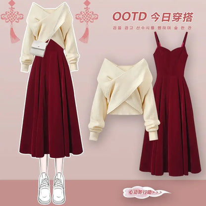 Red Knitted Two-Piece Dress Set