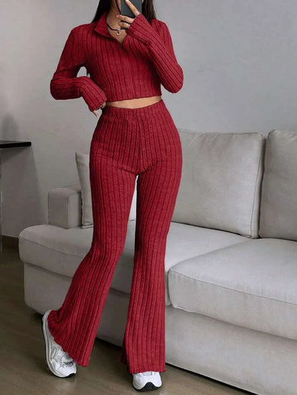 Zip Rib Knit Top and Pants Set