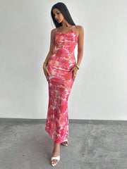 Halter Print Sleeveless Gown with Slant Collar