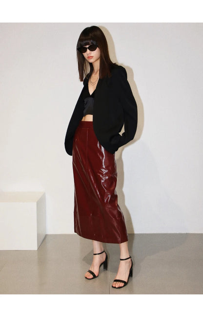 Shiny Reflective PU Leather Midi Skirt