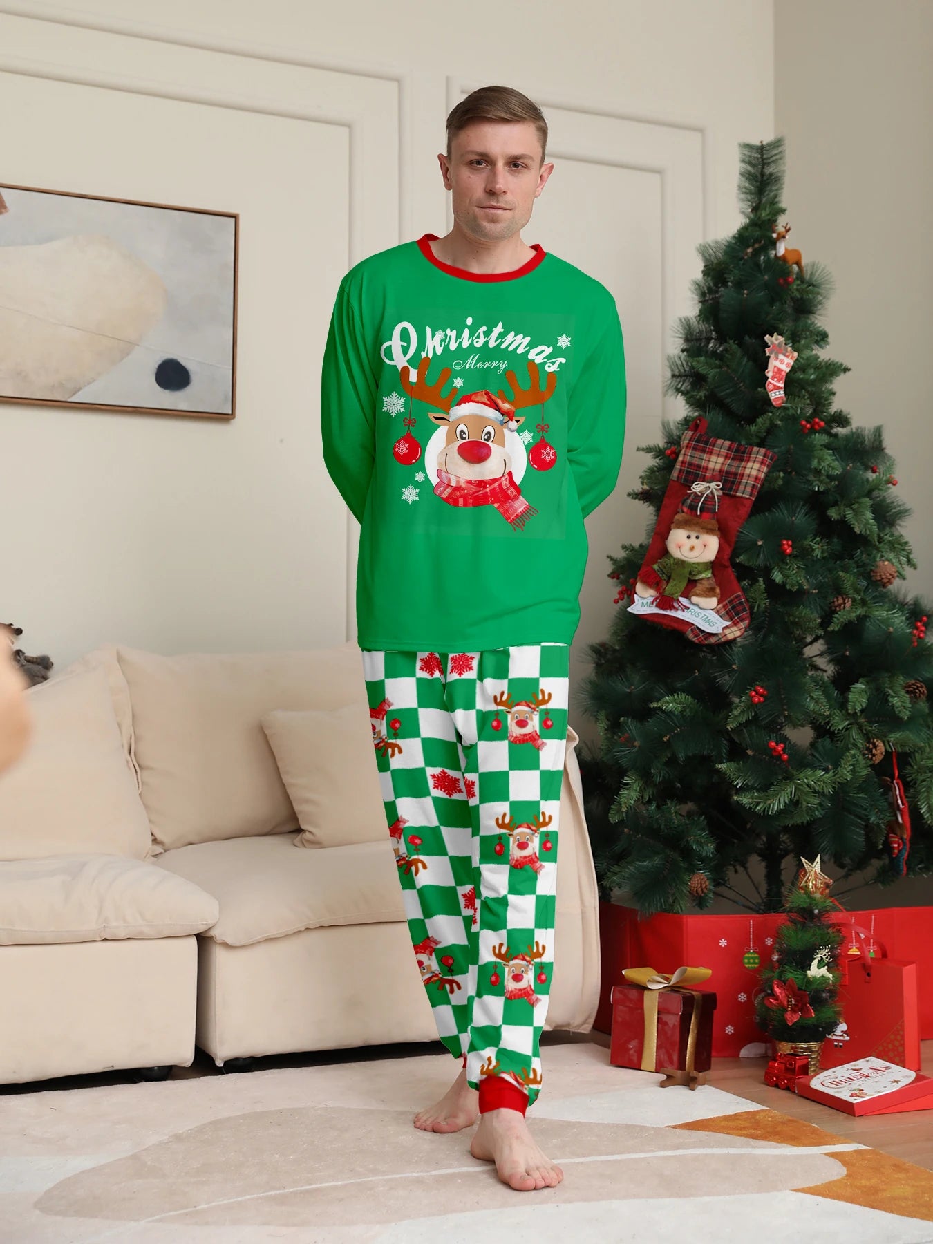 Green Reindeer "Merry Christmas" Print Pajama Set