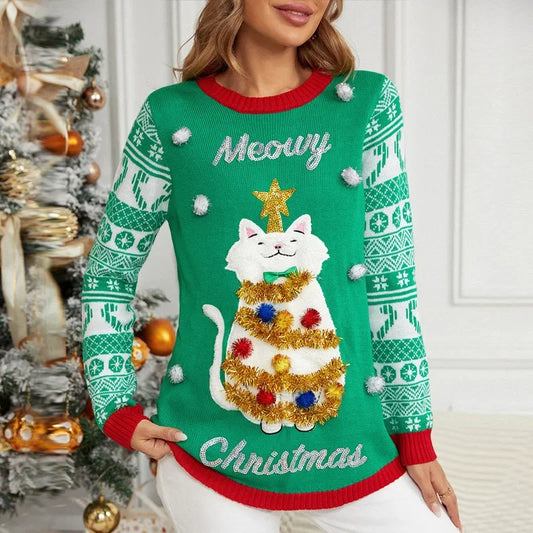 Christmas Cat Embroidery Sweater for Women