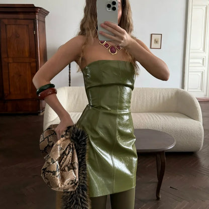 Green Faux Leather Jacket Pants Set