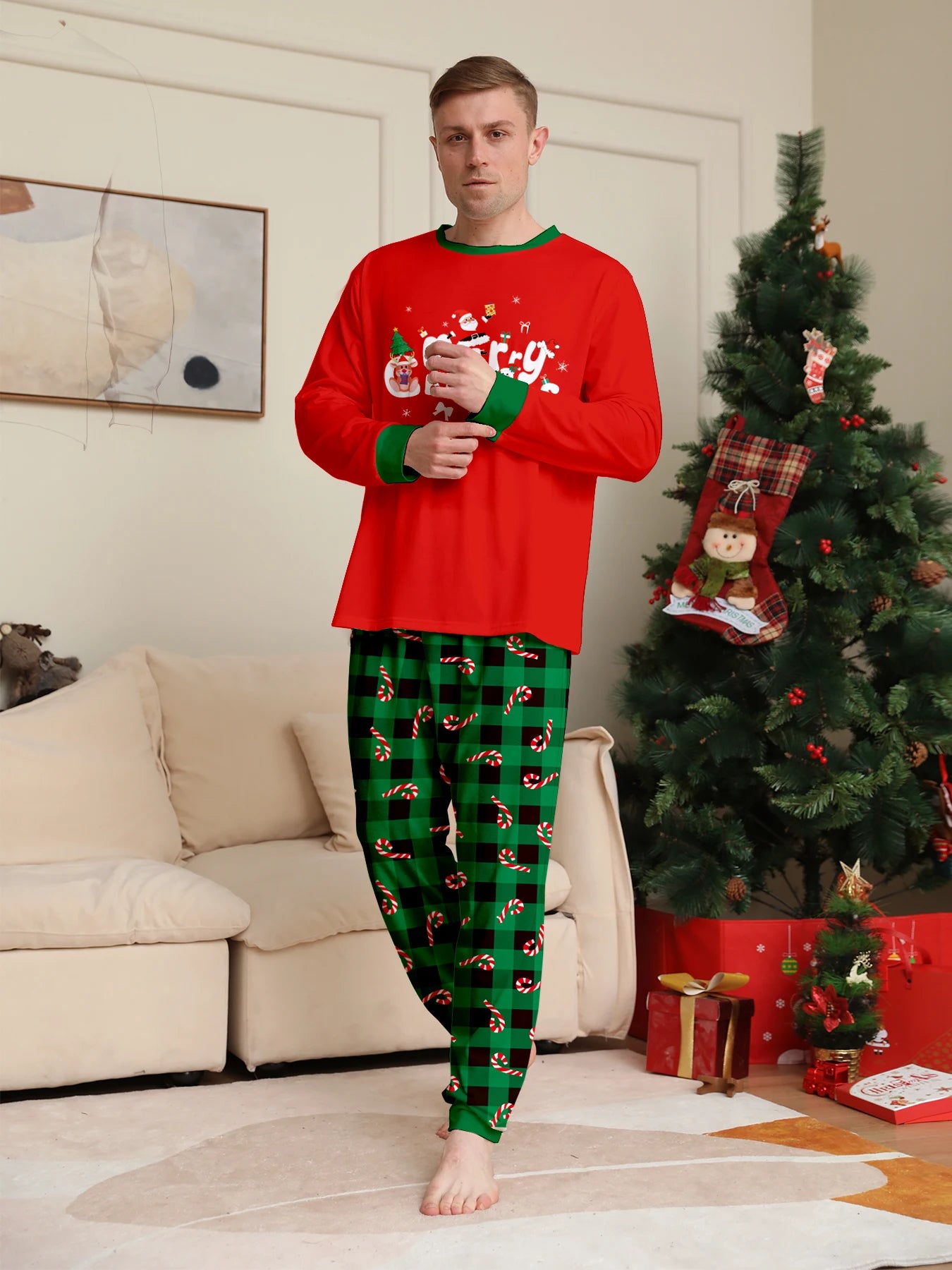 Red Top & Green Plaid Candy Cane Pants Set