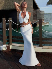 White Hollow Out Bandage Maxi Skirt