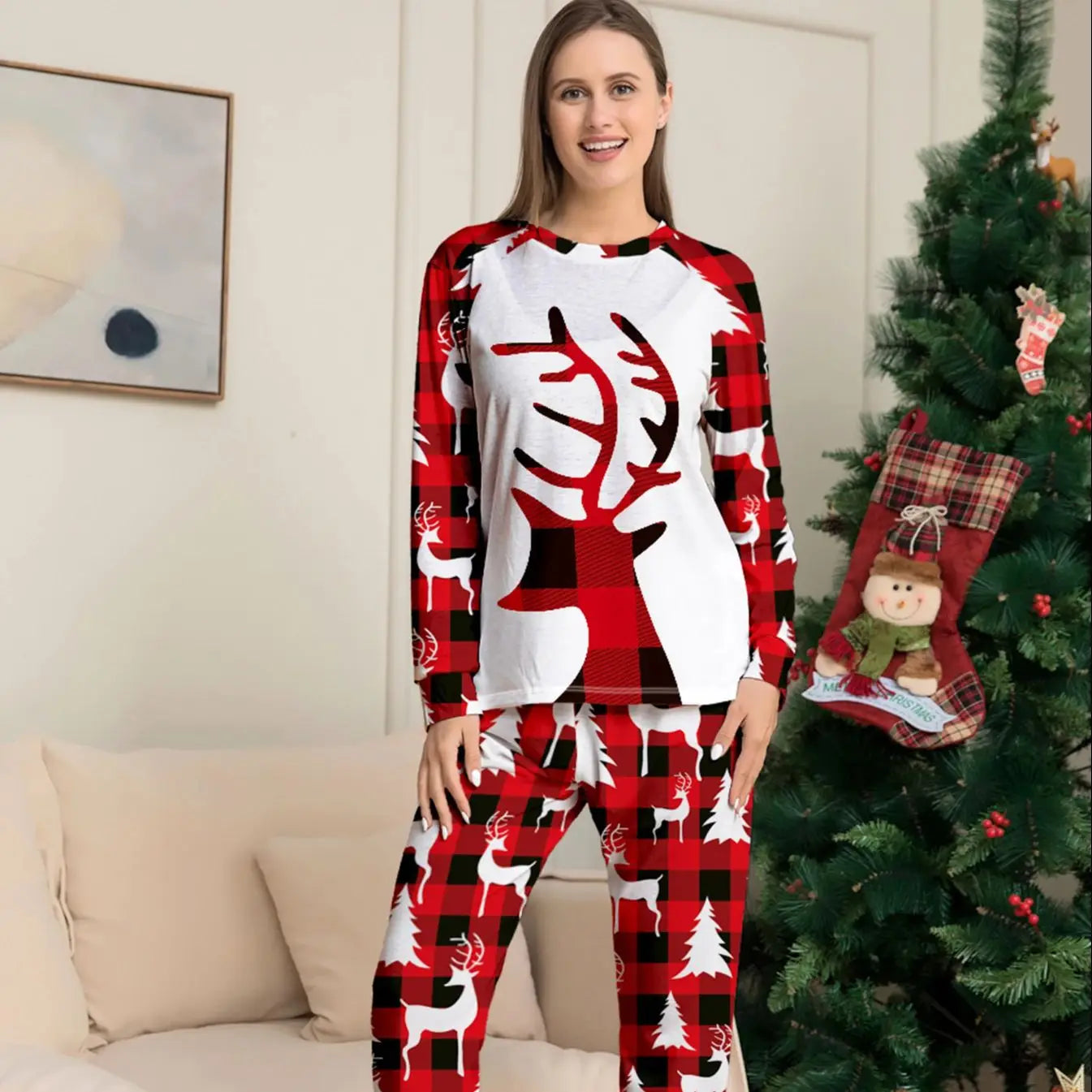 Red Buffalo Plaid Reindeer Print Pajama Set