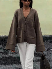 V-Neck Loose Knit Cardigan With Pocket