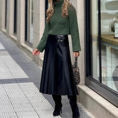 PU Leather High Waist Pleated Skirt