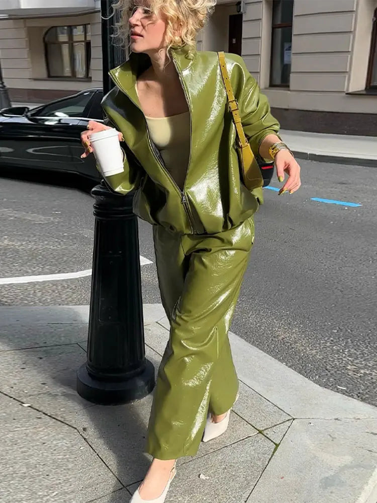Green Faux Leather Jacket Pants Set