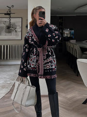 Printed V-Neck Tassel Knit Cardigan