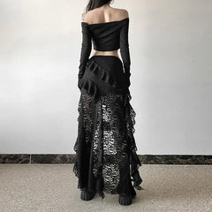 High Waist Lace Ruffle Skirt