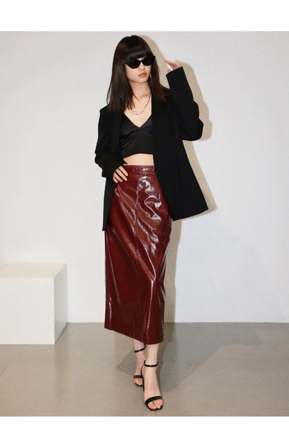 Shiny Reflective PU Leather Midi Skirt