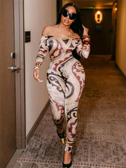 Slash Neck Colorful Print Skinny Jumpsuit