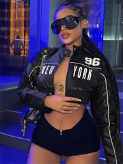 Letter PU Patchwork Crop Jacket
