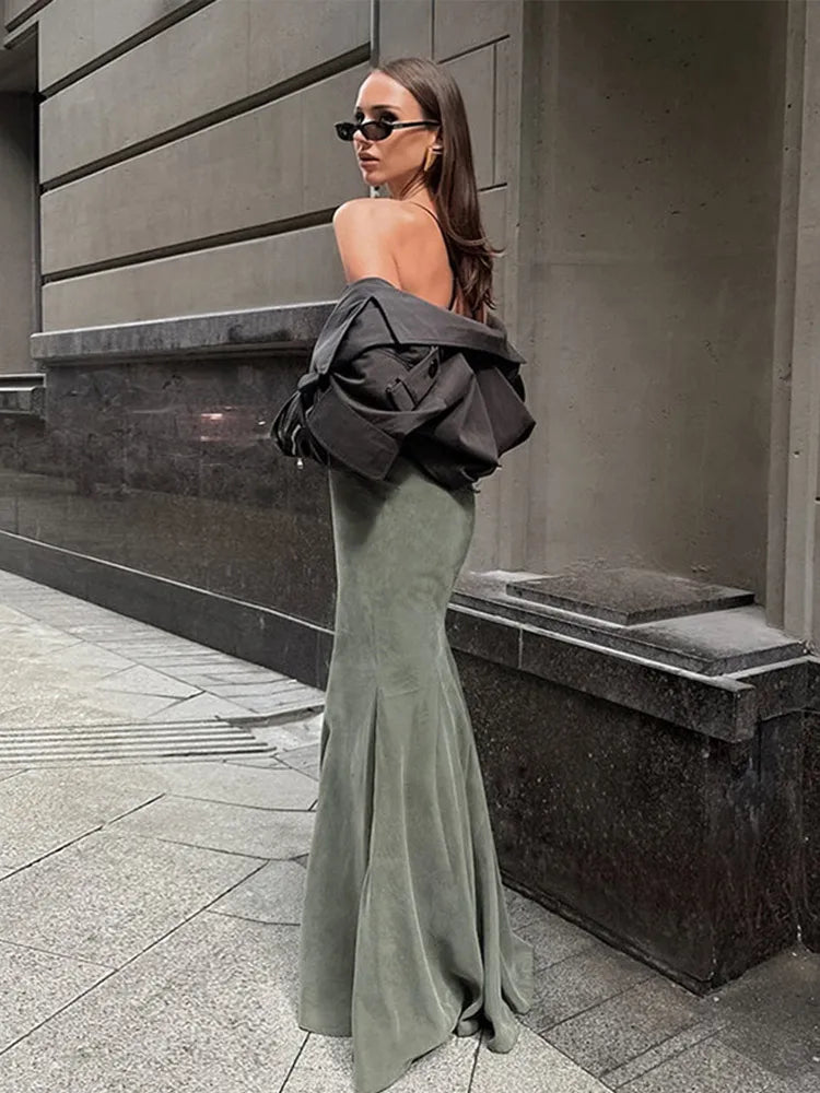 Green Velvet Trumpet Skirt