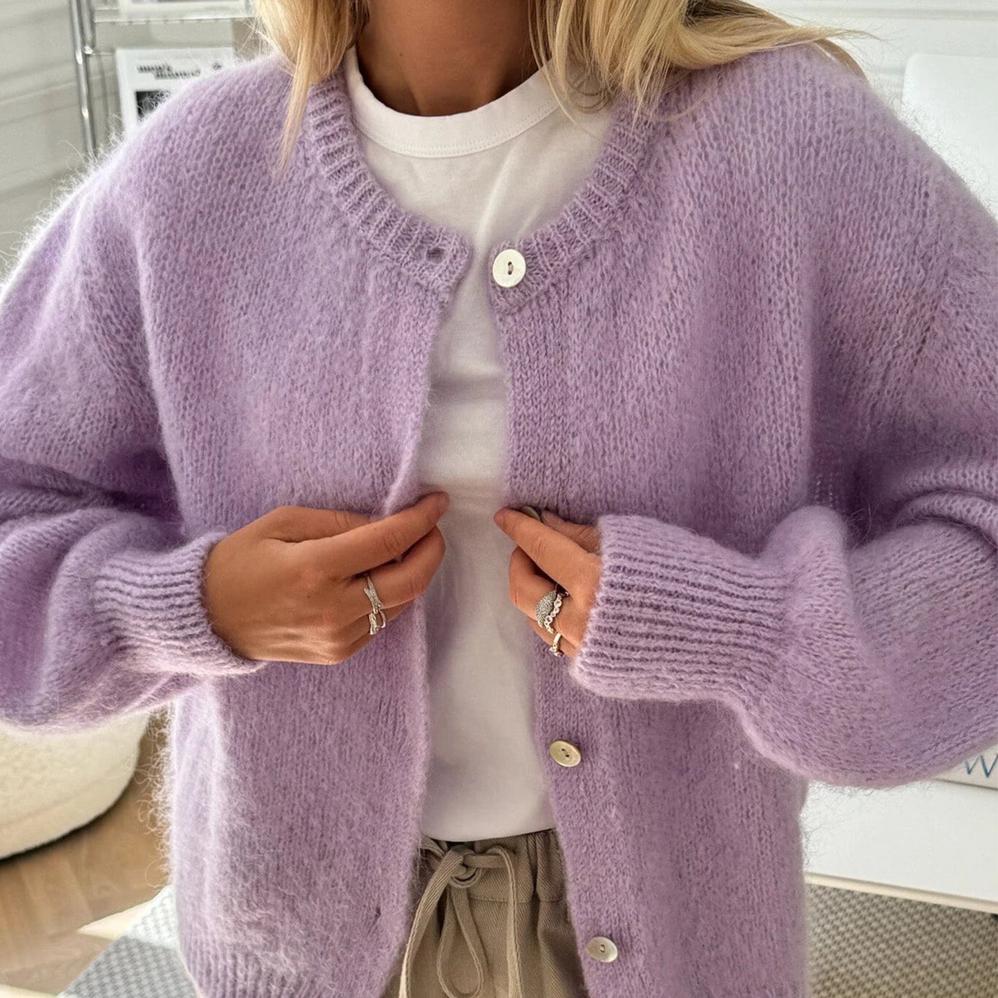 Fuzzy Knit Button-Down Cardigan