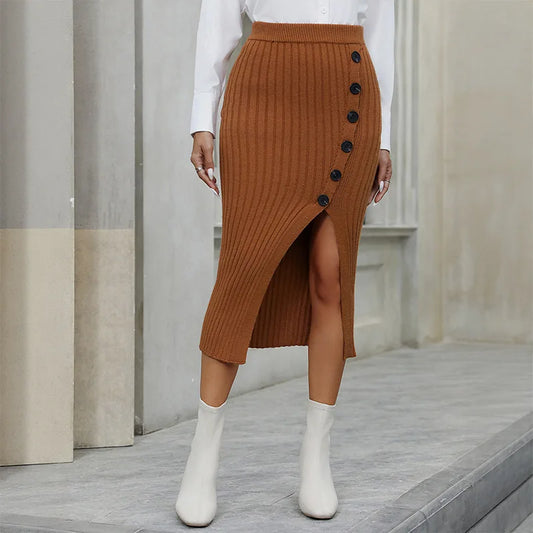 Casual Knitted Wool Skirt with Slit