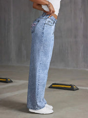 Bow Embroidered Wide Leg Jeans