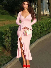 Pink V Neck Ruffle Maxi Dress