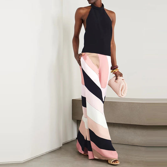 Colorblock Halter Wide Leg Jumpsuit