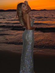 Beaded Diamond Backless Maxi Dress
