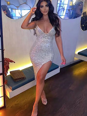 Silver Sequined Deep V Maxi Dress