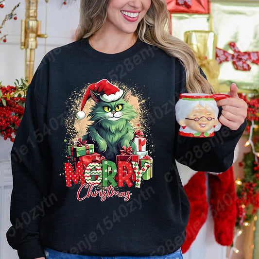 Christmas Cat Print Sweatshirt for Women