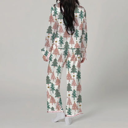 Santa Claus & Bow Print Satin Pajama Set