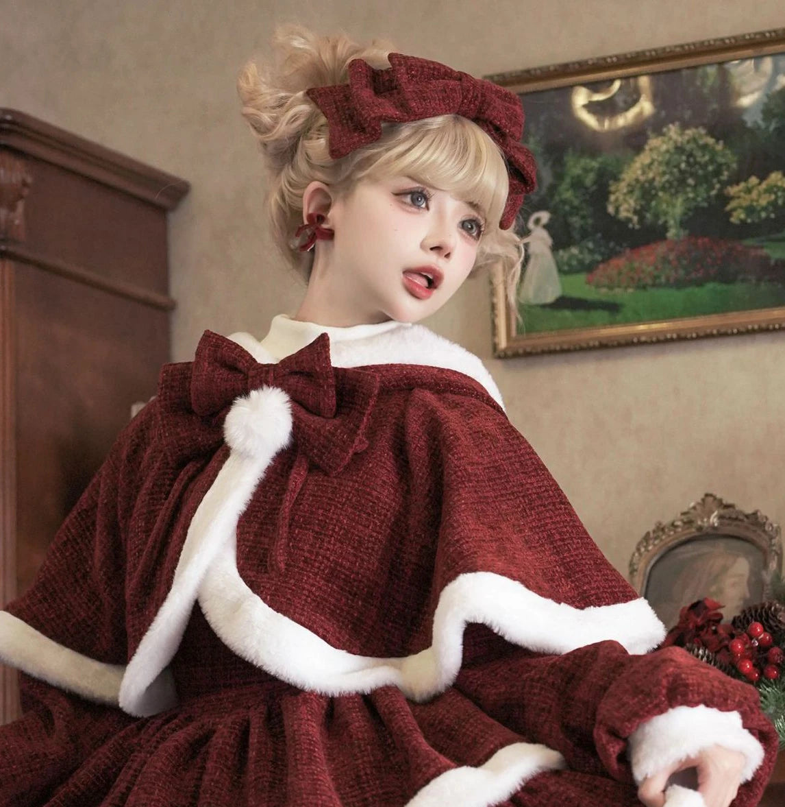 Burgundy Lolita Christmas Dress Set