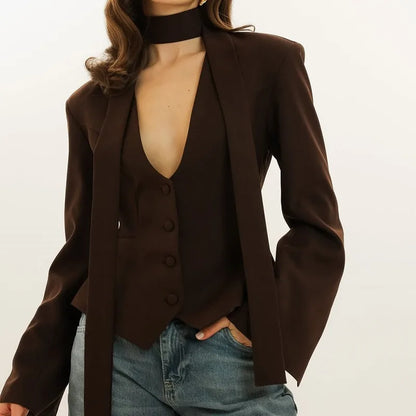 V-Neck Cinched Waist Blazer Jacket