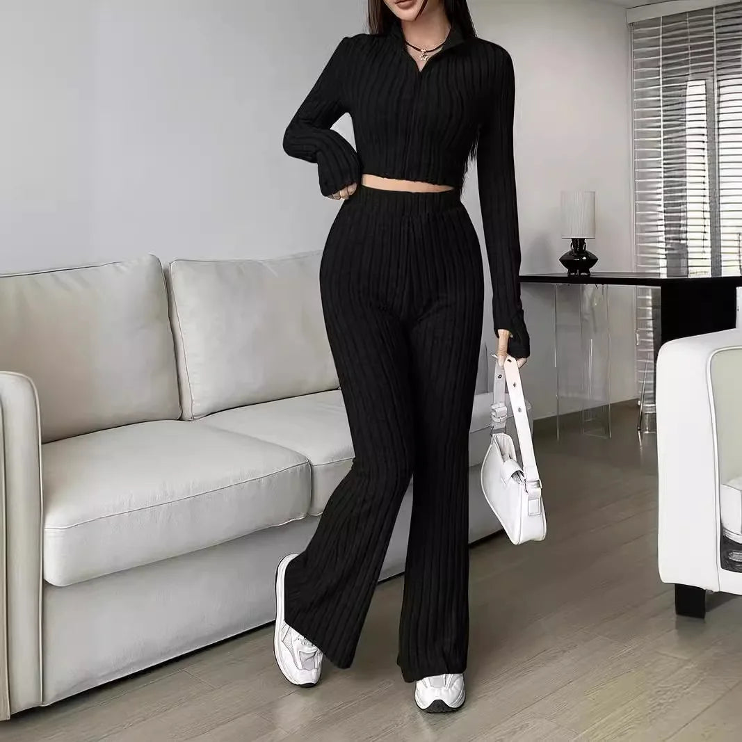 Zip Rib Knit Top and Pants Set