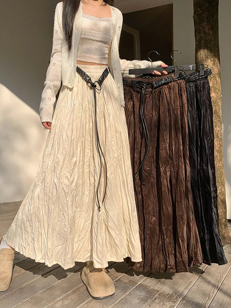 Elastic High Waist Pleated Maxi Skirt
