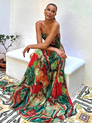 Printed Strapless Pleated Maxi Dress