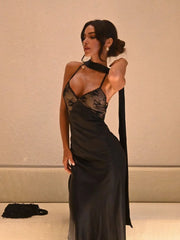 Black Lace Patchwork Sling Maxi Dress