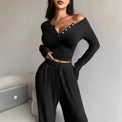 V Neck Top Wide Leg Pants Set