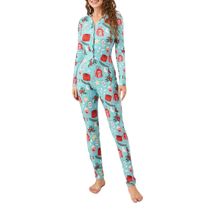 Cartoon Print Christmas Romper Pajamas