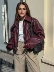 Wine Red Faux Leather Jacket