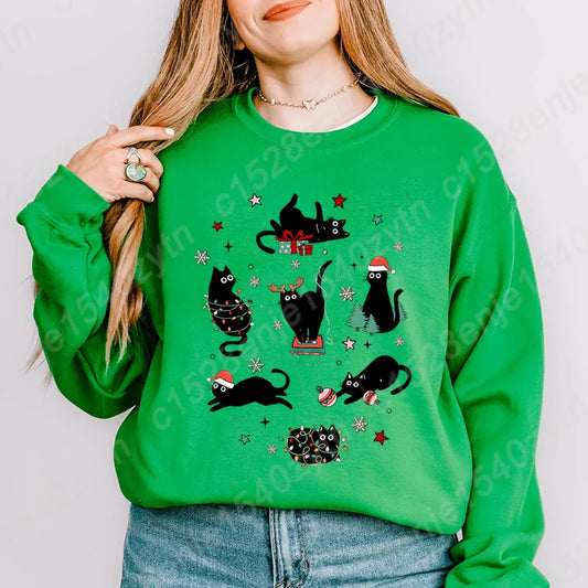 Christmas Light Black Cat Print Pullover