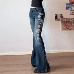Floral Embroidered Low Rise Flare Jeans