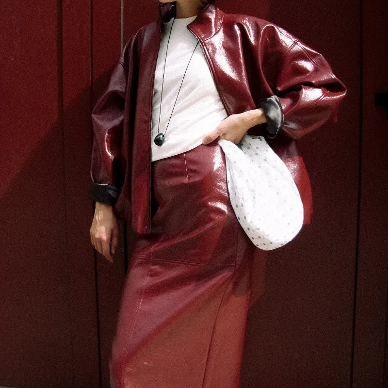 Green Faux Leather Jacket Pants Set