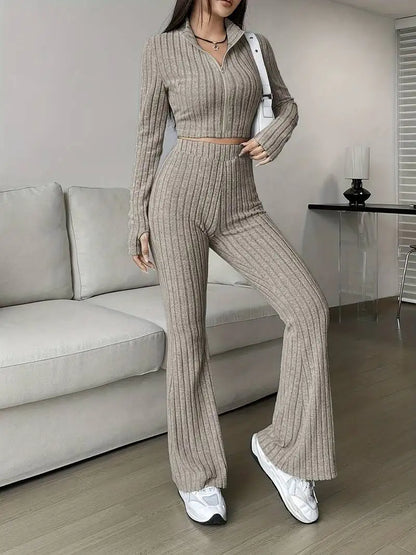 Zip Rib Knit Top and Pants Set
