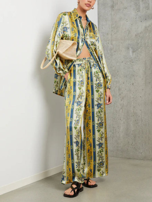 Satin Floral Stripe Wide-Leg Pants
