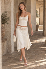 Elegant Lace Trim Cami Top High Rise Asymmetric Skirt Sets