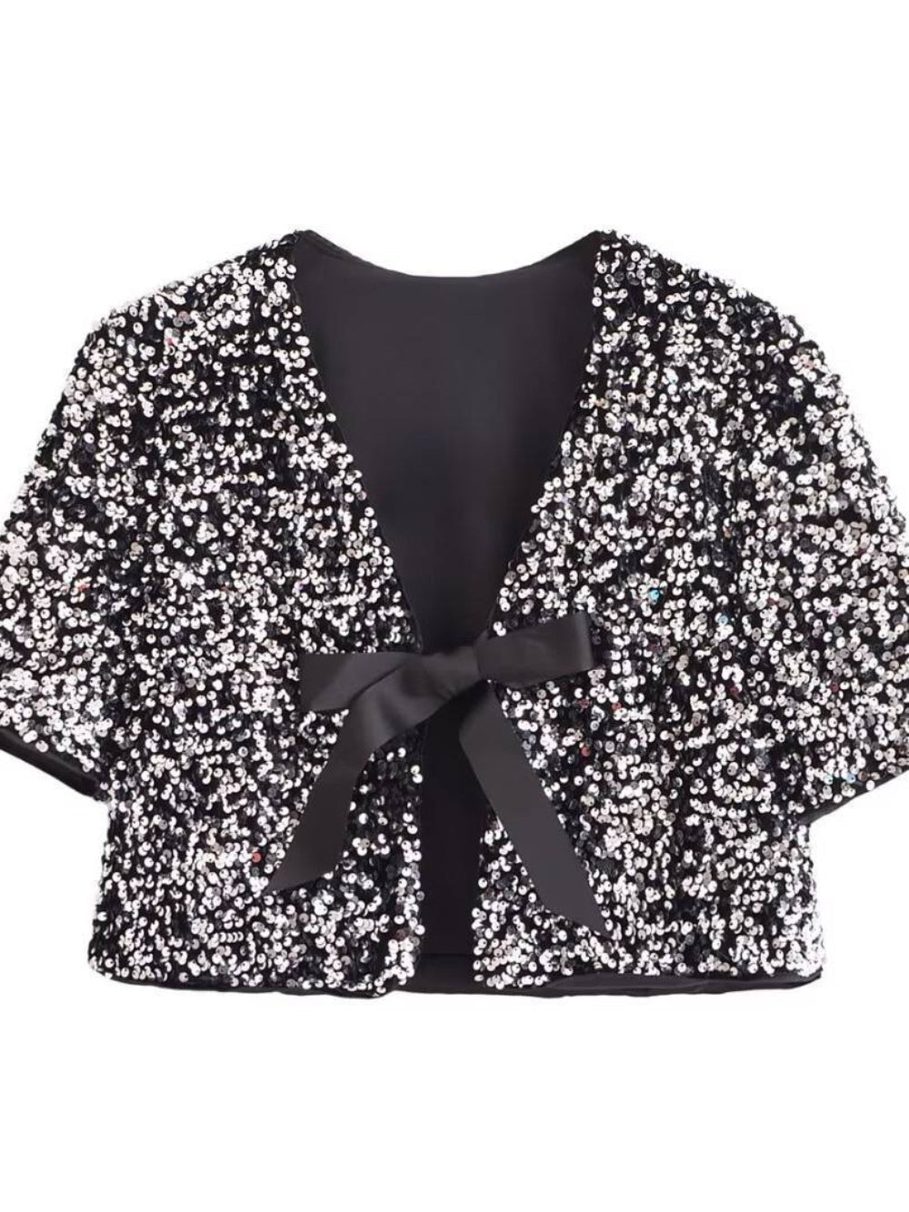 Short Sleeve Sequin Bow Blouse