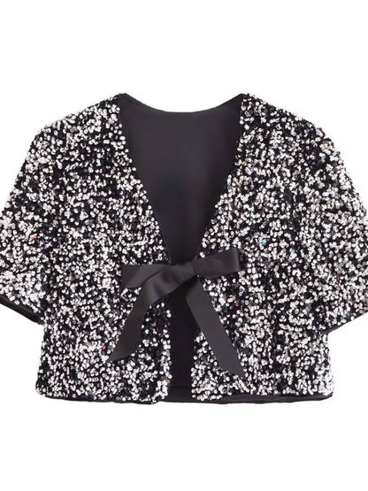 Short Sleeve Sequin Bow Blouse
