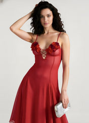 3D Flower Deep V Patchwork Spaghetti Strap Romantic Midi Dress