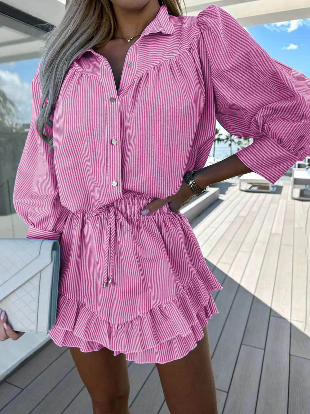 Fashion Striped Shirt Dress Set