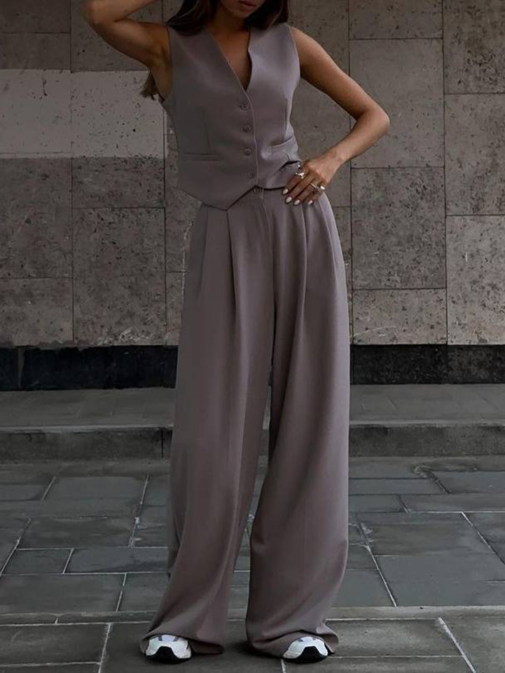 V-neck Vest & Wide-leg Trousers Set