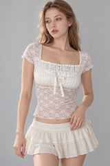 Square Neck Lace Spliced Tie Slim Blouse