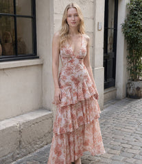 Chiffon Halter Slim Ruffle Maxi Floral Dress